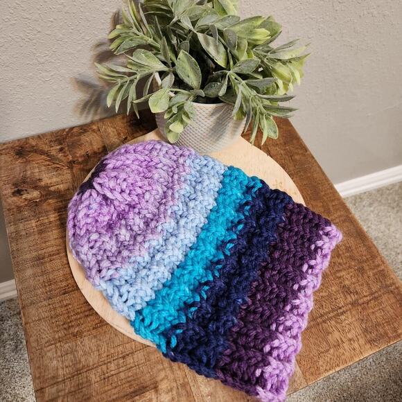 Handmade Blue and Purple Colorful Knit Stocking Cap - Picture 1 of 2